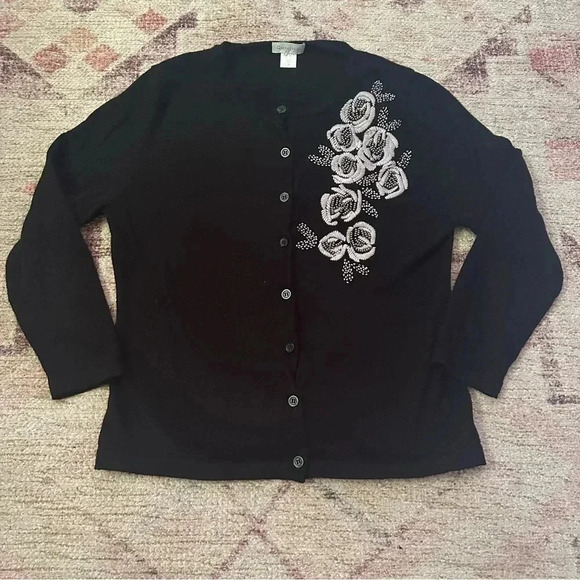 Garnet Hill• Black merino wool crew neck button down sweater size medium - Picture 3 of 10